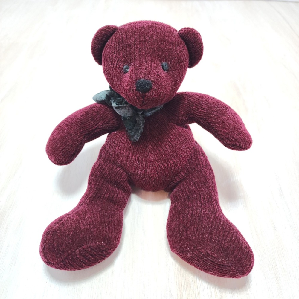 Vintage Russ Berrie Scarlet Teddy Bear Burgundy Ribbed Knit Plush Bow 4546